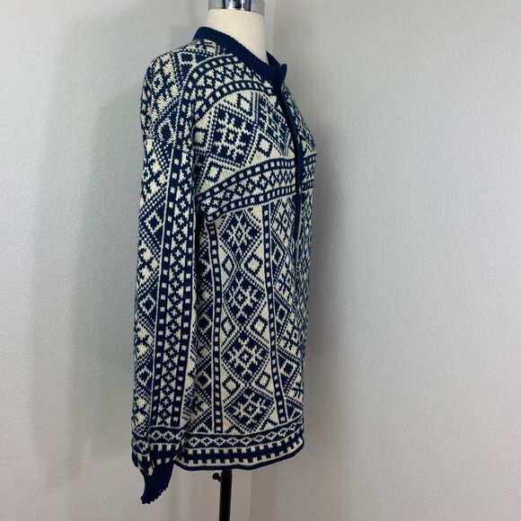 Norwegian Winter Wool Cardigan Sweater XL 52 Blue White Metal Buttons Fair Isle - Picture 9 of 12